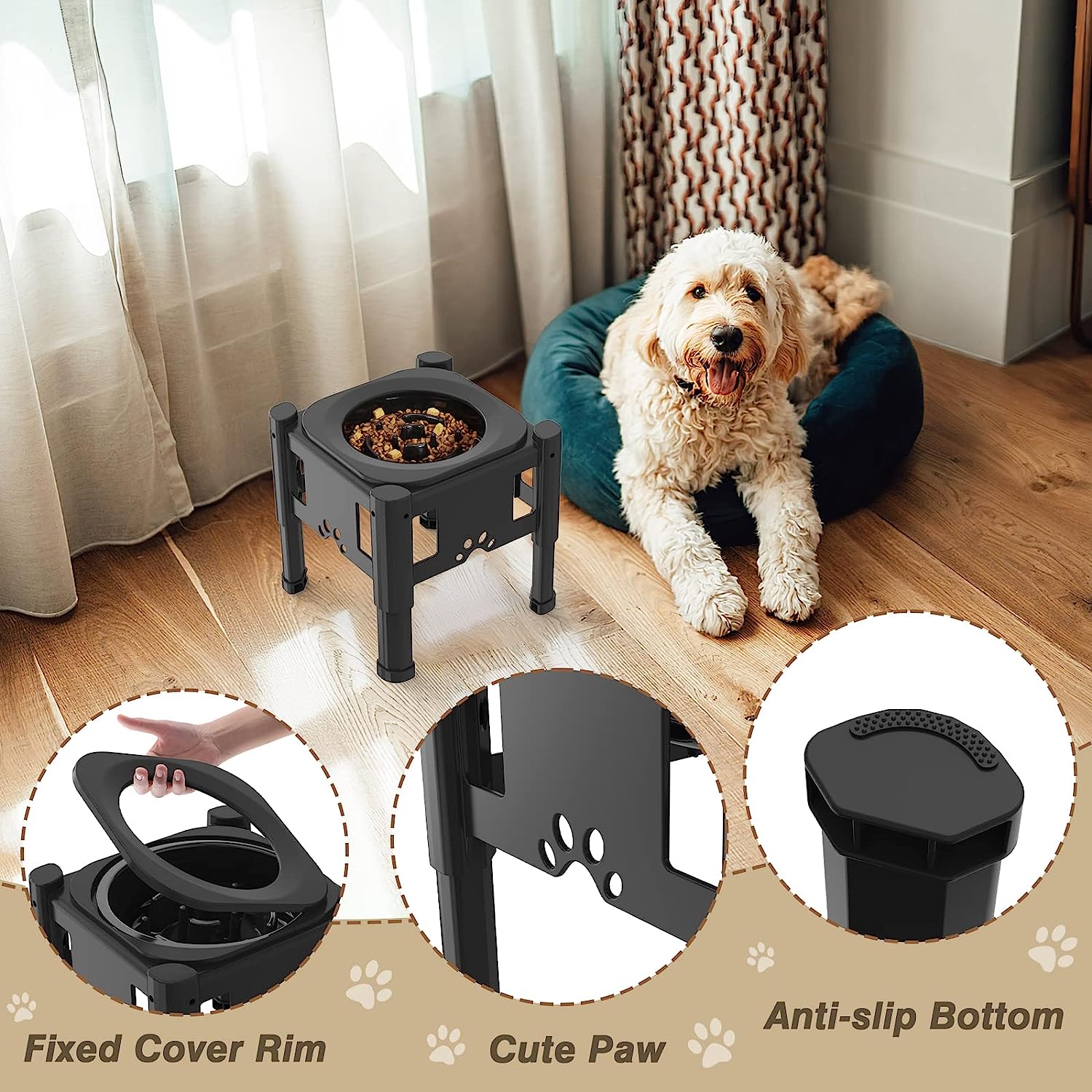 Veehoo Adjustable Elevated Dog Bowls, Raised Dog Dish Stand with 2 Food Bowls & 1 Slow Feeder, Black, Size: 4 Heights: 3.7 in / 9 in / 11 in /12.5 in